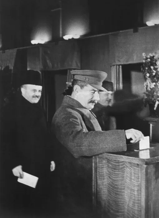 Framed Print : Josef Stalin, voting at an election for members of the Supreme Soviet. Ca. 1940. Behind Stalin is V