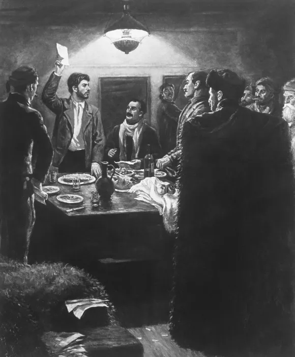 Framed Print : Josef Stalin as a young leader. The Organization of the Batum Committee of the Russian Social Democratic Revolutionary Party. Painting by the Georgian artist, D. A. Nalbandyan Framed Print : Josef Stalin as a young leader. The Organization of the Batum Committee of the Russian Social Democratic Revolutionary Party. Painting by the Georgian artist, D. A. Nalbandyan