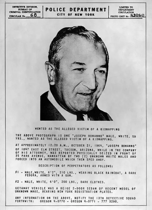Framed Print : Joseph Bonanno (1905-2002) wanted poster issued by the New York Police after his alleged kidnapping in 1964 by fellow gangsters Framed Print : Joseph Bonanno (1905-2002) wanted poster issued by the New York Police after his alleged kidnapping in 1964 by fellow gangsters