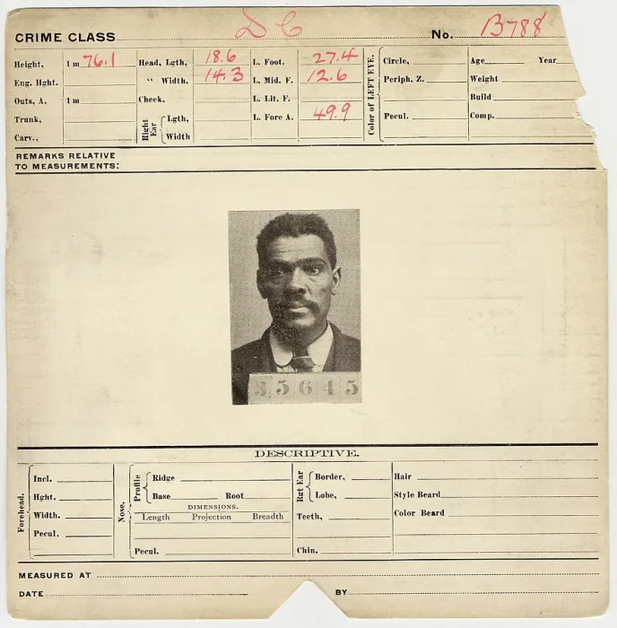 Framed Print : Joseph Chancellor, police mug shot of an African American man mounted on Pinkerton's National Detective Agency identification card, halftone photograph, 1910