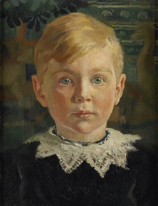 Framed Print : Joseph Marie Antoine Hubert Luns, by Huib Luns, 1914-15, Dutch painting, oil on canvas. Portrait of a blond boy with lace collar by his artist father (BSLOC_2016_2_72)