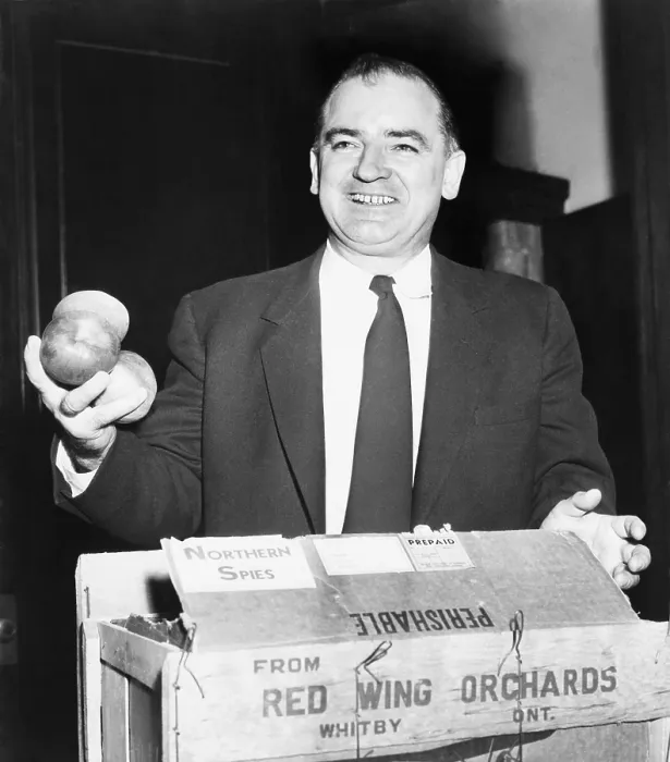 Framed Print : Joseph McCarthy (1908-1957), laughing as he holds three northern Spy apples sent to the famous hunter of Communist infiltrators in a light-hearted practical joke. Dec. 3, 1953 Framed Print : Joseph McCarthy (1908-1957), laughing as he holds three northern Spy apples sent to the famous hunter of Communist infiltrators in a light-hearted practical joke. Dec. 3, 1953