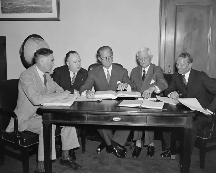 Framed Print : Joseph P. Kennedy 1888-1969 in center was appointed by President Franklin Roosevelt to headed the Maritime Commission formed to regulate U.S