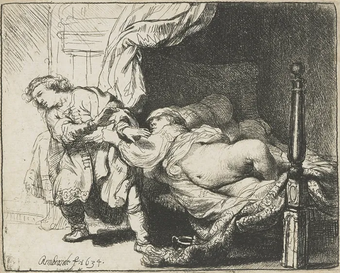 Framed Print : Joseph and Potiphar's Wife, by Rembrandt van Rijn, 1658, Dutch print, etching and drypoint on paper Framed Print : Joseph and Potiphar's Wife, by Rembrandt van Rijn, 1658, Dutch print, etching and drypoint on paper
