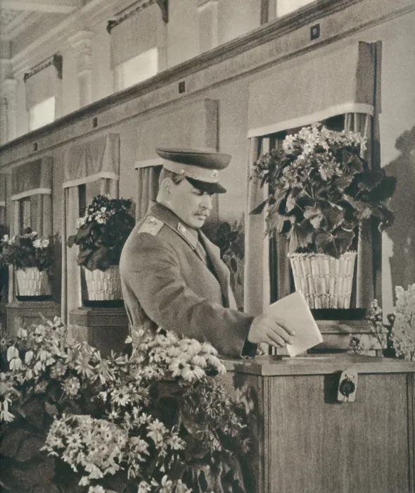 Framed Print : Joseph Stalin casts his ballot in the elections to the Supreme Soviet of the USSR. Candidates were N.A. Bulganin, and S.I. Vavilov. March 12, 1950. - (BSLOC_2014_15_258)
