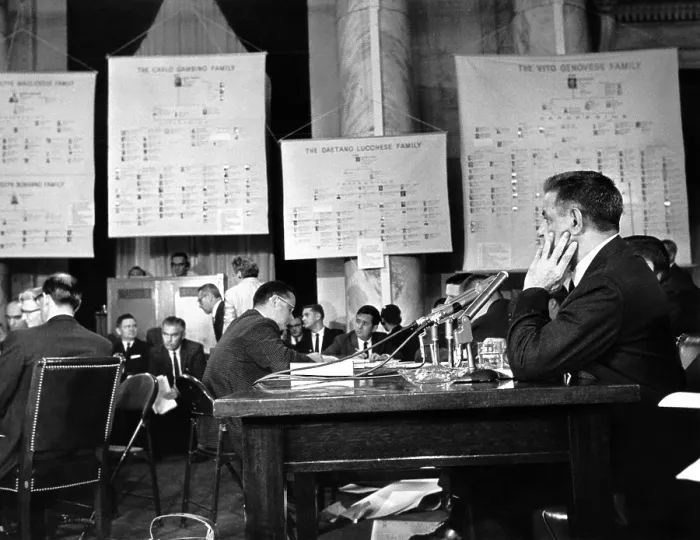 Framed Print : Joseph Valachi (right) continued his Senate Investigations Subcommittee testimony Framed Print : Joseph Valachi (right) continued his Senate Investigations Subcommittee testimony