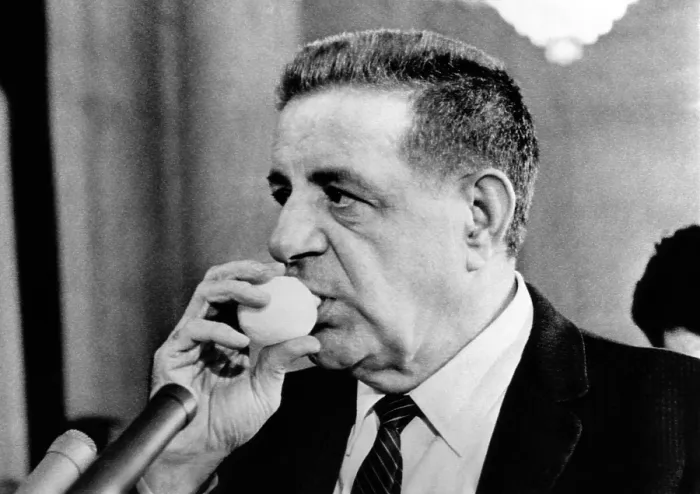 Framed Print : Joseph Valachi sucking a lemon juice container during Senate Investigations Subcommittee. The juice eased his hoarseness from continuous testimony. Oct. 2, 1963 Framed Print : Joseph Valachi sucking a lemon juice container during Senate Investigations Subcommittee. The juice eased his hoarseness from continuous testimony. Oct. 2, 1963