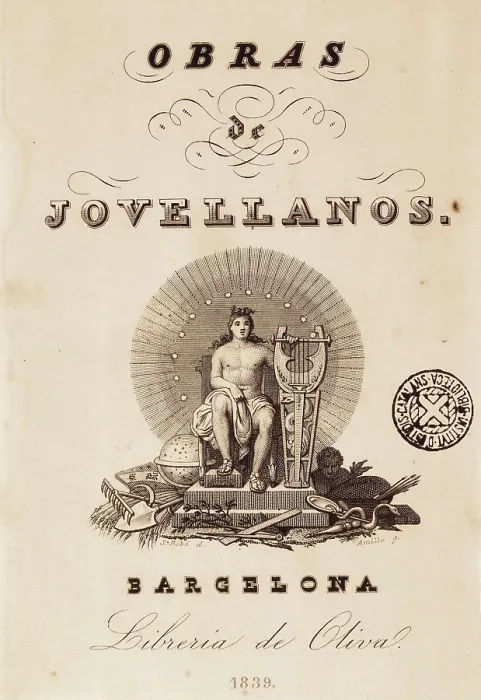 Framed Print : JOVELLANOS, Gaspar Melchor de (1744-1811). Title page of the 'Works by Jovellanos'. Edition published in Barcelona in 1839 by the Bookshop Oliva. Engraving. SPAIN