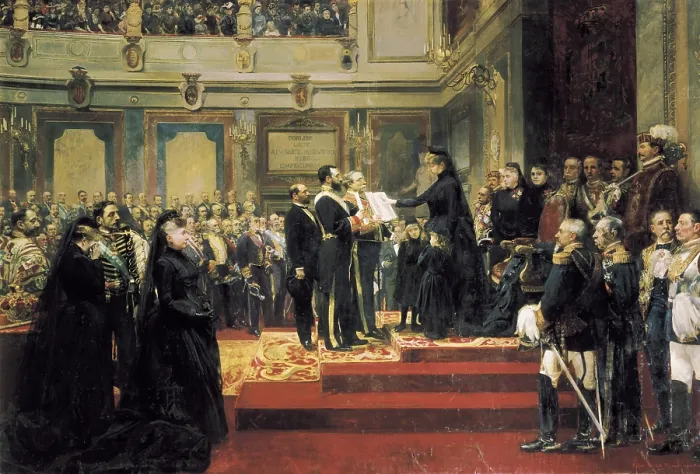 Framed Print : JOVER Y CASANOVA, Francisco (1836-1890). The Queen RegentMaria Christina of Austria oath of the Constitution of 1876 accompanied by the Princesses Mercedes and Teresa Framed Print : JOVER Y CASANOVA, Francisco (1836-1890). The Queen RegentMaria Christina of Austria oath of the Constitution of 1876 accompanied by the Princesses Mercedes and Teresa