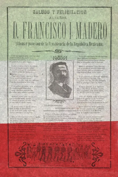 Framed Print : Joyous greetings to Francisco I. Madero in assuming the presidency of the Republic of Mexico. Printed broadside in the colors of the Mexican flag, Oct