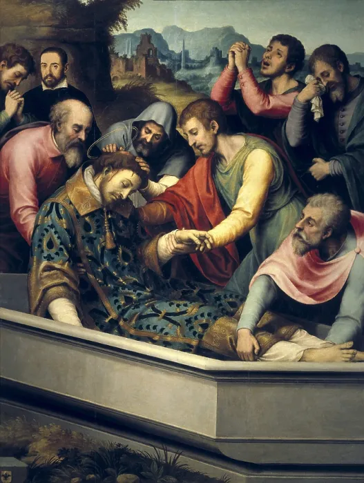Framed Print : JUANES, Juan de (1523-1579). The Burial of Saint Stephen. ca. 1560 - ca. 1565. Four males place him in the coffin, while three others attend the scene crying Framed Print : JUANES, Juan de (1523-1579). The Burial of Saint Stephen. ca. 1560 - ca. 1565. Four males place him in the coffin, while three others attend the scene crying
