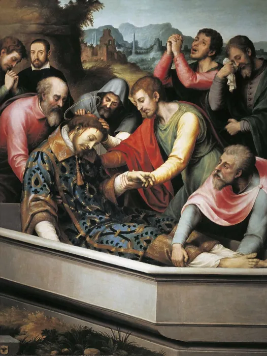 Framed Print : JUANES, Juan de (1523-1579). The Burial of St. ca. 1560 - ca. 1565. Four males place him in the coffin, while three others attend the scene crying