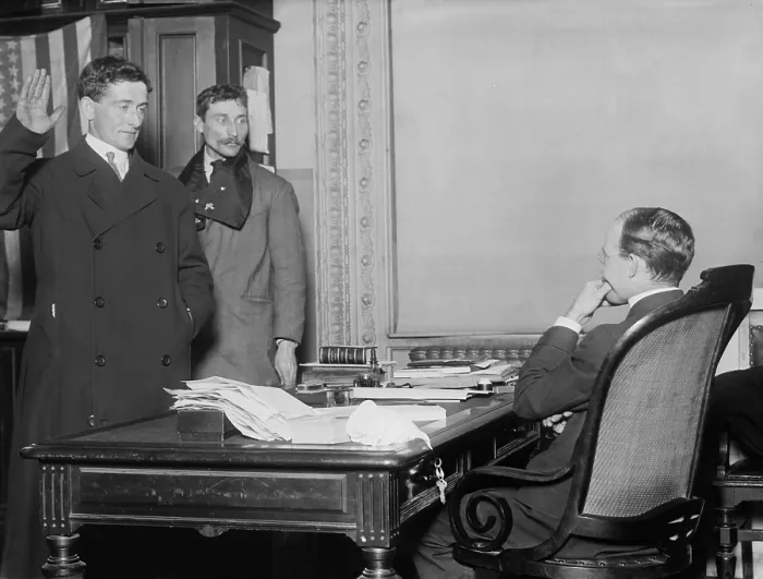 Framed Print : Judge in chambers swearing in a new citizen, in New York City, Feb. 1910. (BSLOC_2018_1_87) Framed Print : Judge in chambers swearing in a new citizen, in New York City, Feb. 1910. (BSLOC_2018_1_87)