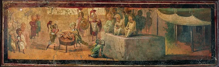 Framed Print : The Judgement of Solomon, by unknown artist, 55-79, 1st Century A.D. ripped fresco, 55 x 164 cm - Italy, Campania, Naples, National Archaeological Museum, Room LXXIV, inv