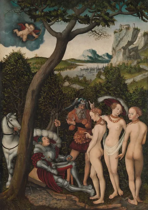 Framed Print : THE JUDGMENT OF PARIS, by Lucas Cranach the Elder, 1528, German painting, oil on wood. Northern Renaissance work was painted in Germany by a contemporary of Leonardo de Vinci