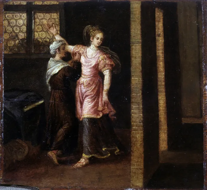 Framed Print : Judith Gets Ready to Meet Holofernes, by Franck Pauwels also known as Paolo Fiammingo, 1580 - 1590, 16th Century, oil on board, 27 x 30 cm - Italy, Lombardy, Milan