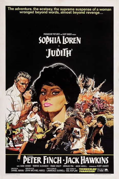 Framed Print : JUDITH, US poster art, Sophia Loren, left: Peter Finch; second left, center and bottom right: Sophia Loren, 1966 Framed Print : JUDITH, US poster art, Sophia Loren, left: Peter Finch; second left, center and bottom right: Sophia Loren, 1966