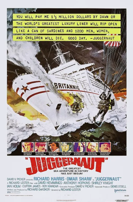 Framed Print : JUGGERNAUT, US poster art, bottom, from left: Richard Harris, Omar Sharif, David Hemmings, Anthony Hopkins, Shirley Knight, Clifton James, Roy Kinnear, 1974