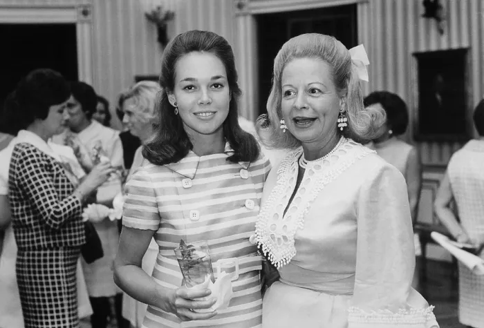 Framed Print : Julie Nixon Eisenhower with Martha Mitchell the outspoken and eccentric wife of Nixon Administration insider Attorney General John Mitchell. July 7 1969