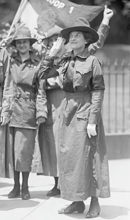 Framed Print : Juliette Gordon Low, founder of the Girl Scouts of the USA, salutes while wearing a Girl Scout uniform. 1917 Framed Print : Juliette Gordon Low, founder of the Girl Scouts of the USA, salutes while wearing a Girl Scout uniform. 1917
