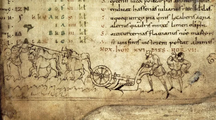 Framed Print : The Julius Calendar and Hymnal by Cotton Julius A.VI (11th c.). Lower detail of the folio 3 belonging to January: three men with a plough. Romanesque art. Miniature Painting Framed Print : The Julius Calendar and Hymnal by Cotton Julius A.VI (11th c.). Lower detail of the folio 3 belonging to January: three men with a plough. Romanesque art. Miniature Painting