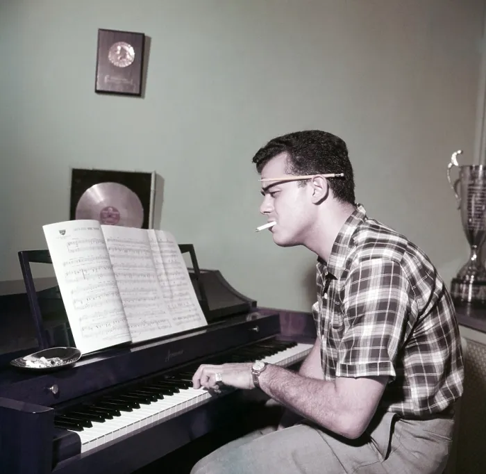Framed Print : Julius LaRosa at home, playing piano, July 16, 1955
