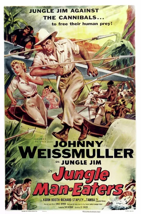 Framed Print : JUNGLE MAN-EATERS, US poster art, center: Johnny Weissmuller, 1954 Framed Print : JUNGLE MAN-EATERS, US poster art, center: Johnny Weissmuller, 1954