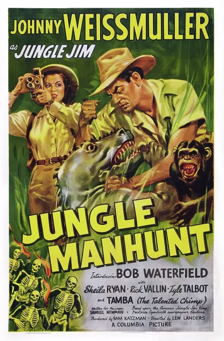 Framed Print : JUNGLE MANHUNT, US poster art, from left, Sheila Ryan, Johnny Weissmuller, 1951