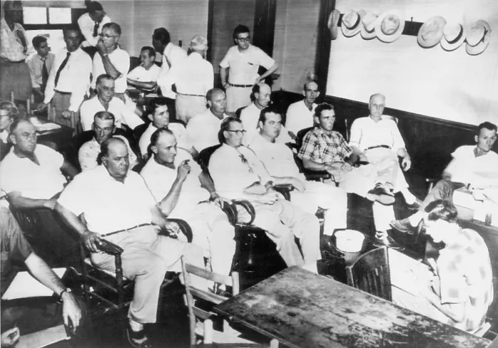Framed Print : The jury of Emmett Till's accused murders was composed of twelve white men. After sixty-seven minutes they returned a not-guilty verdict. Sept. 1955