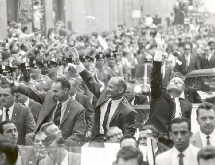 Framed Print : Just three days out of quarantine, the Apollo 11 astronauts get ticker tape parade in New York City. L-R: Michael, Collins, Edwin Aldrin, and Neil Armstrong. Aug. 13, 1969
