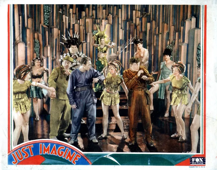 Framed Print : JUST IMAGINE, from left, Kenneth Thompson, El Brendel, Ivan Linow, John Garrick, Joyzelle Joyner, Frank Albertson, 1930, 20th Century Fox
