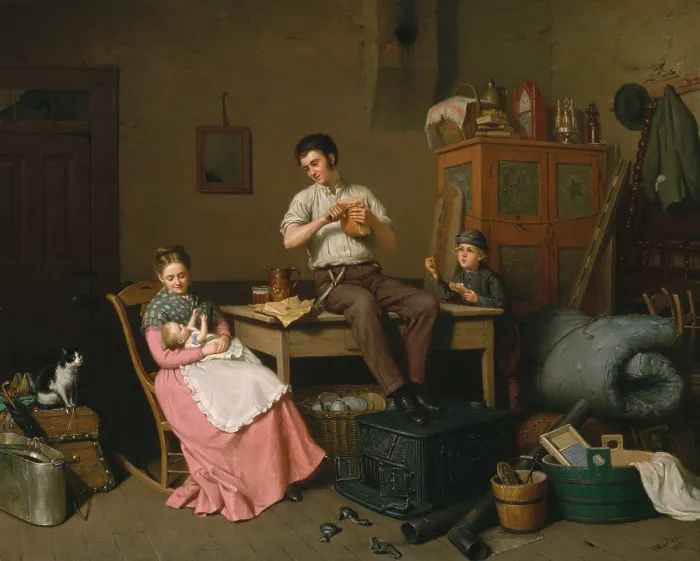 Framed Print : JUST MOVED, 1870, by Henry Mosler, American painting, oil on canvas. Genre scene, of a family, their still packed belongings as they move into an urban apartment Framed Print : JUST MOVED, 1870, by Henry Mosler, American painting, oil on canvas. Genre scene, of a family, their still packed belongings as they move into an urban apartment