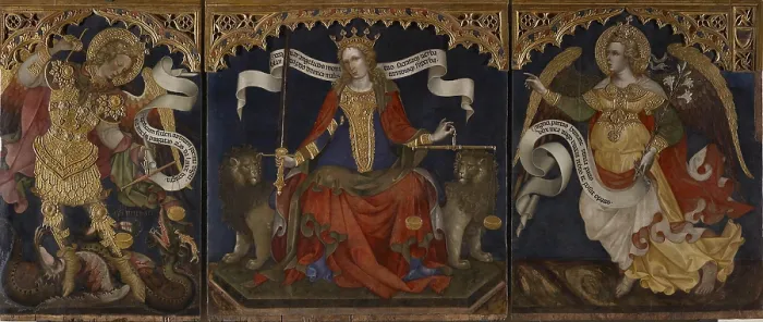 Framed Print : Justice between the Archangels Michael and Gabriel, by Jacobello del Fiore, 1421 about, 15th Century, gilded pastiglia decorations on panel, cm 208 x 194208 x 133 left side