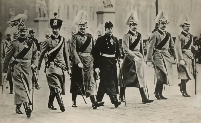 Framed Print : Kaiser Wilhelm II with his six sons, parading to the New Years Address, Berlin, 1914. All were born between 1882 and 1890