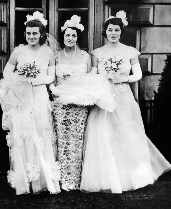Framed Print : Kathleen, Rose, and Rosemary Kennedy, in formal gowns and with bouquets for their presentation at Buckingham Palace. May 11, 1938. (CSU_ALPHA_1045) CSU Archives / Everett Collection