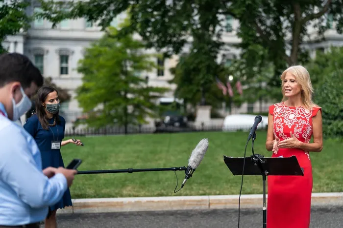 Framed Print : Kellyanne Conway, political advisor to President Donald Trump, speaks with reporters on Wednesday, Aug. 12, 2020
