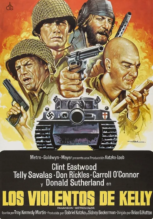 Framed Print : KELLY'S HEROES, (aka LOS VIOLENTOS DE KELLY), l-r: Don Rickles, Clint Eastwood, Donald Sutherland, Telly Savalas on Spanish poster art, 1970