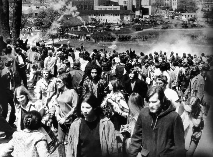 Framed Print : Kent State University students disperse as National Guardsmen (in background) fire tear gas and then bullets into crowd of 500 on the commons Framed Print : Kent State University students disperse as National Guardsmen (in background) fire tear gas and then bullets into crowd of 500 on the commons
