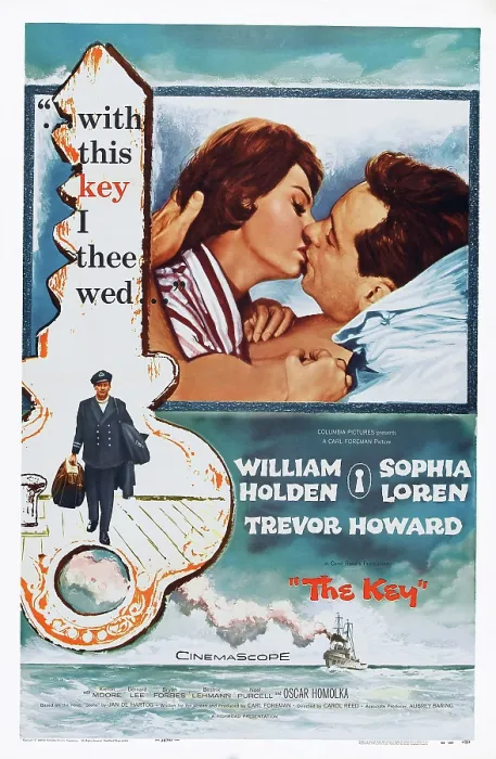 Framed Print : THE KEY, top l-r: Sophia Loren, William Holden, bottom: William Holden on poster art, 1958