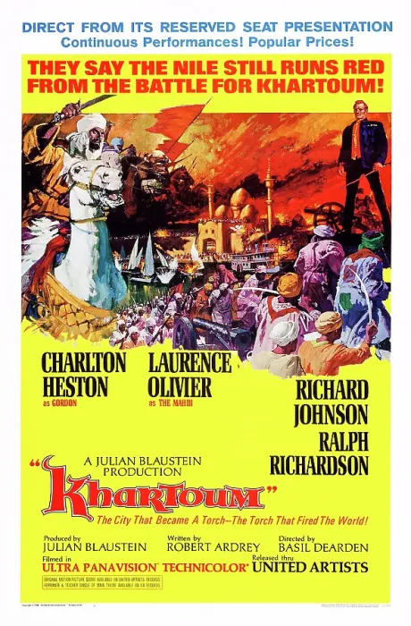Framed Print : KHARTOUM, US poster, Laurence Olivier (horseback left), Charlton Heston (standing right), 1966
