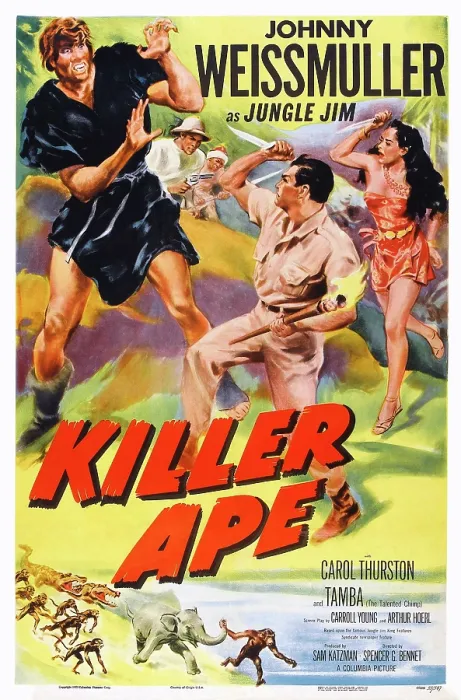 Framed Print : KILLER APE, center: Johnny Weissmuller, right: Carol Thurston on poster art, 1953