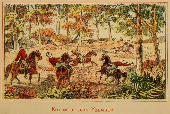 Framed Print : Killing of John Younger, member of the James-Younger criminal gang on March 17, 1874. While traveling with his brother Jim, they crossed paths with two Pinkerton detectives