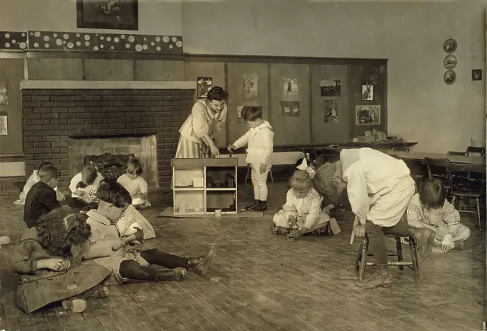 Framed Print : Kindergarten children in Horace Mann School working on doll houses, Tulsa, Oklahoma, photograph by Lewis Wickes Hine, March, 1917