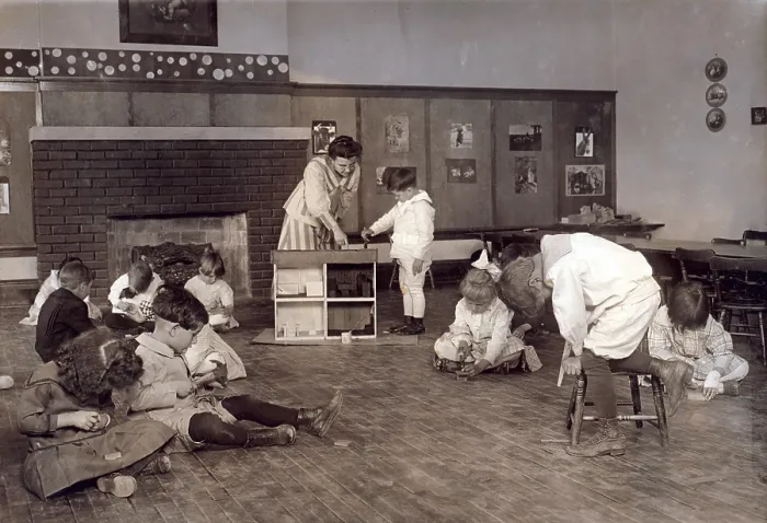 Framed Print : Kindergarten children in Horace Mann School working on doll houses. Tulsa, Oklahoma, Lewis Hine photograph, 1917