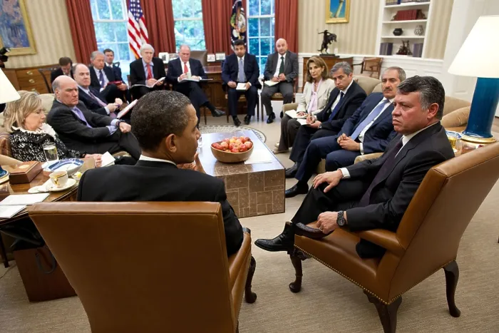Framed Print : King Abdullah II of Jordan and members of the Jordanian delegation in the Oval Office. At left are Sec. Hillary Clinton and President Obama. May 17, 2011 (BSLOC_2015_3_183) Framed Print : King Abdullah II of Jordan and members of the Jordanian delegation in the Oval Office. At left are Sec. Hillary Clinton and President Obama. May 17, 2011 (BSLOC_2015_3_183)