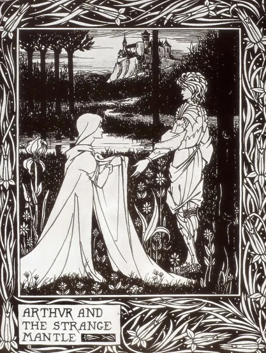 Framed Print : The king Arthur and the strange cloak. Engraving from 'The Death of Arthur' by Sir Thomas Malory, edition illustrated by Aubrey Beardsley (1892- 1894). Modernism