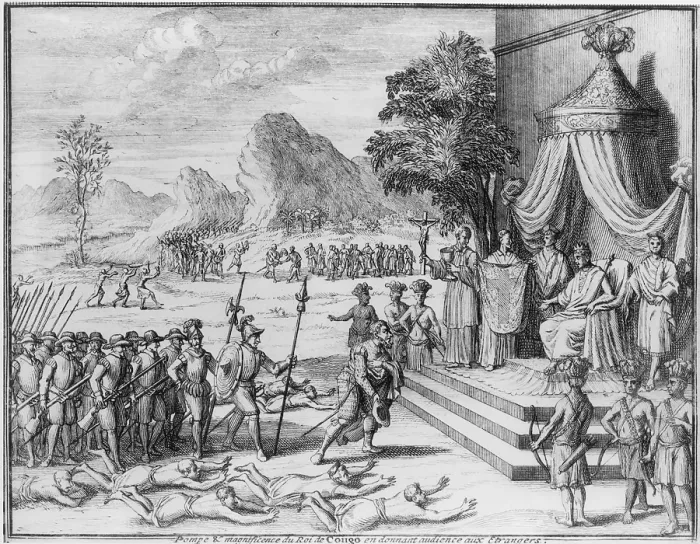 Framed Print : The King of the Congo receives Portuguese soldiers as three Christian missionaries stand beside the King Framed Print : The King of the Congo receives Portuguese soldiers as three Christian missionaries stand beside the King