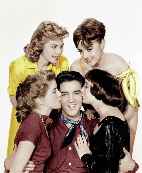 Framed Print : KING CREOLE, Elvis Presley (center) with (clockwise from left): Dolores Hart, Jan Shepard, Liliane Montevecchi, Carolyn Jones, 1958
