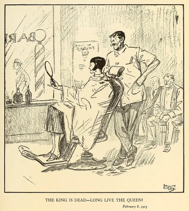 Framed Print : THE KING IS DEAD-LONG LIVE THE QUEEN. Young woman having her hair cut short in a barber shop. Feb. 8, 1925. Cartoon by Rollin Kirby for the New York World newspaper Framed Print : THE KING IS DEAD-LONG LIVE THE QUEEN. Young woman having her hair cut short in a barber shop. Feb. 8, 1925. Cartoon by Rollin Kirby for the New York World newspaper