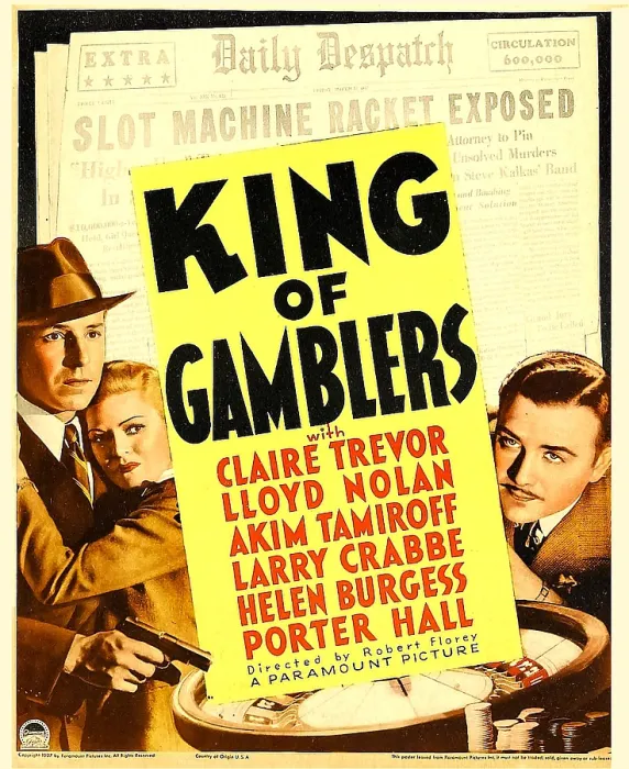 Framed Print : KING OF GAMBLERS, left from left: Lloyd Nolan, Claire Trevor, right: Akim Tamiroff on window card, 1937